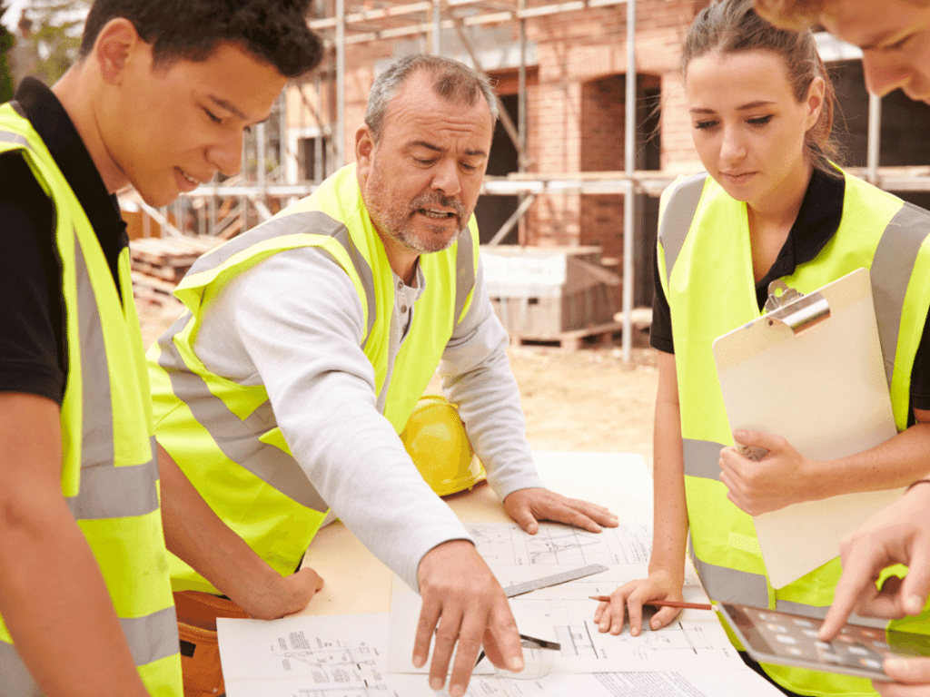 Construction workers gather round plans