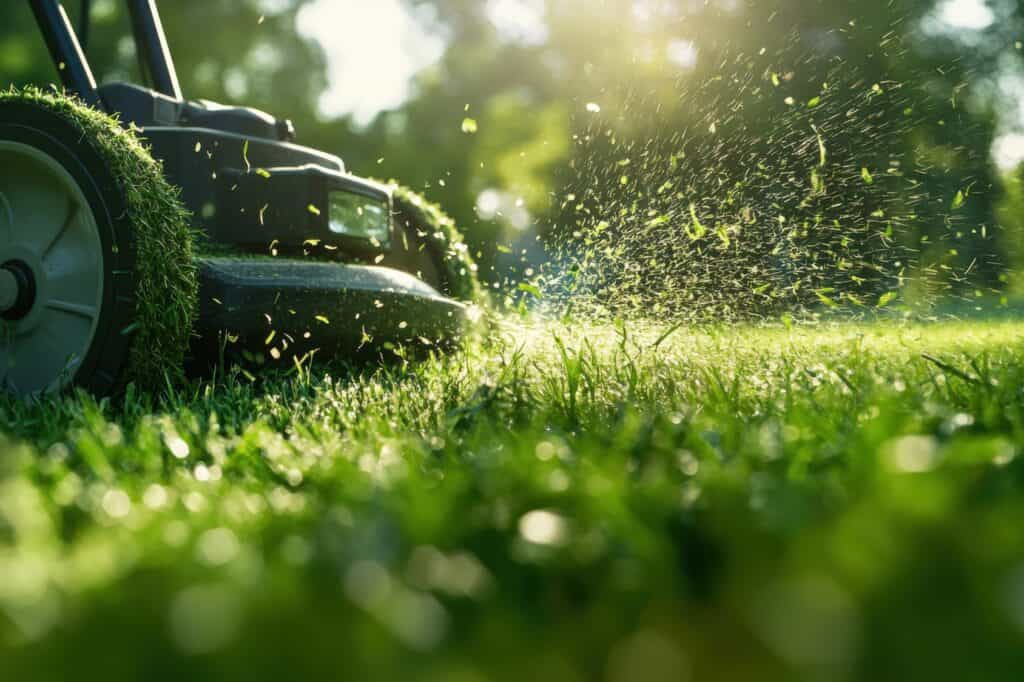 A close up of a lawnmower cutting grass