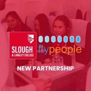Slough & Langley College and FlyPeople's logos on a red background