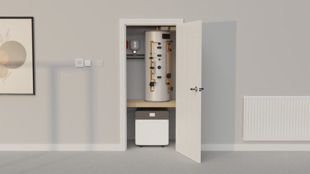A Kensa hot water cylinder in a cupboard