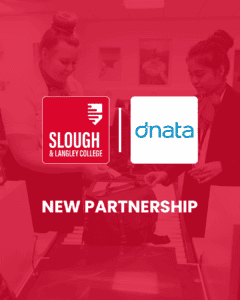 A red background with the Slough & Langley College logo, and dnata logo next to each other
