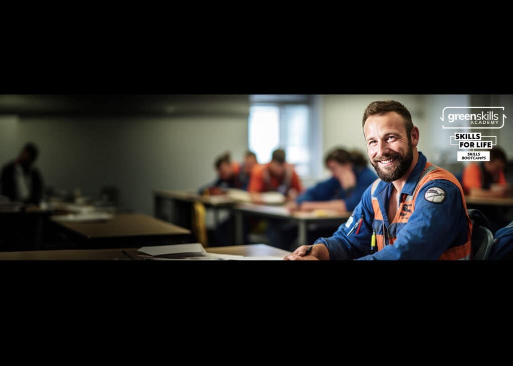 A male engineer sat in a classroom looking to the camera