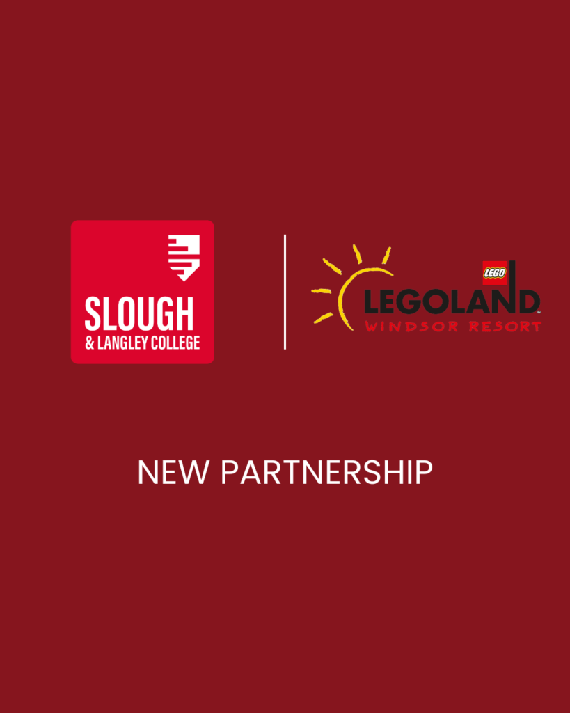 The Slough & Langley logo alongside the Legoland logo on a red background