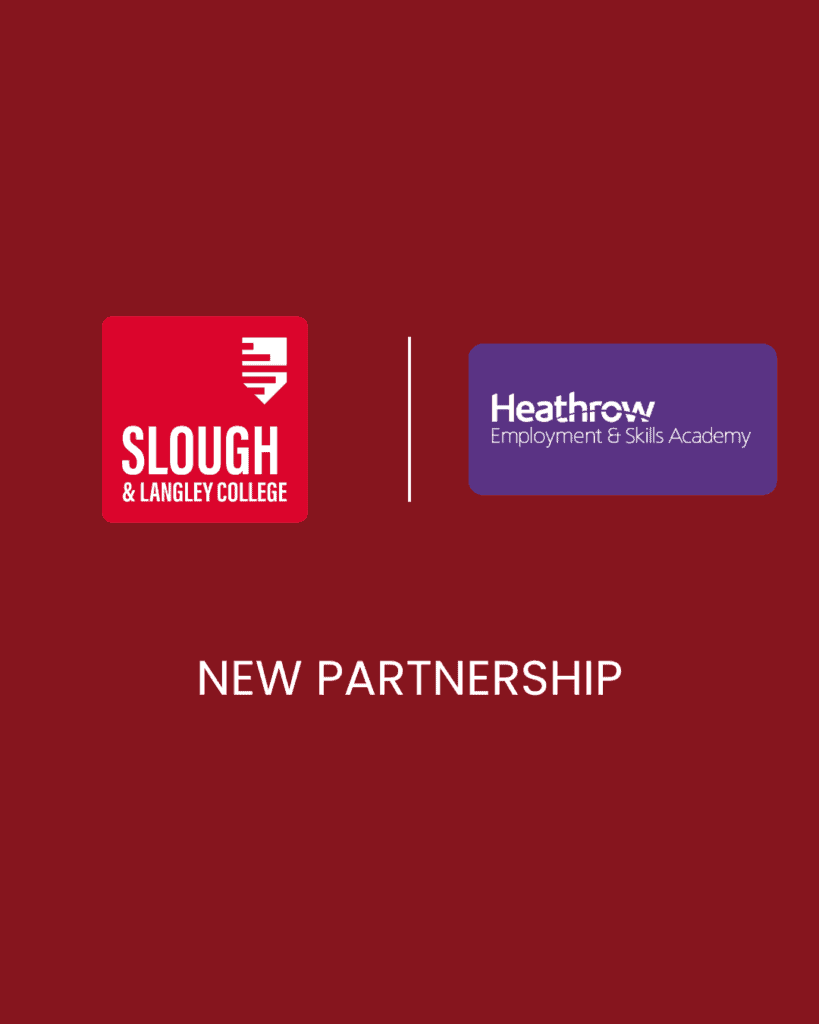 A red graphic with the Slough & Langley College logo alongside the Heathrow Employment and Skills Academy logo