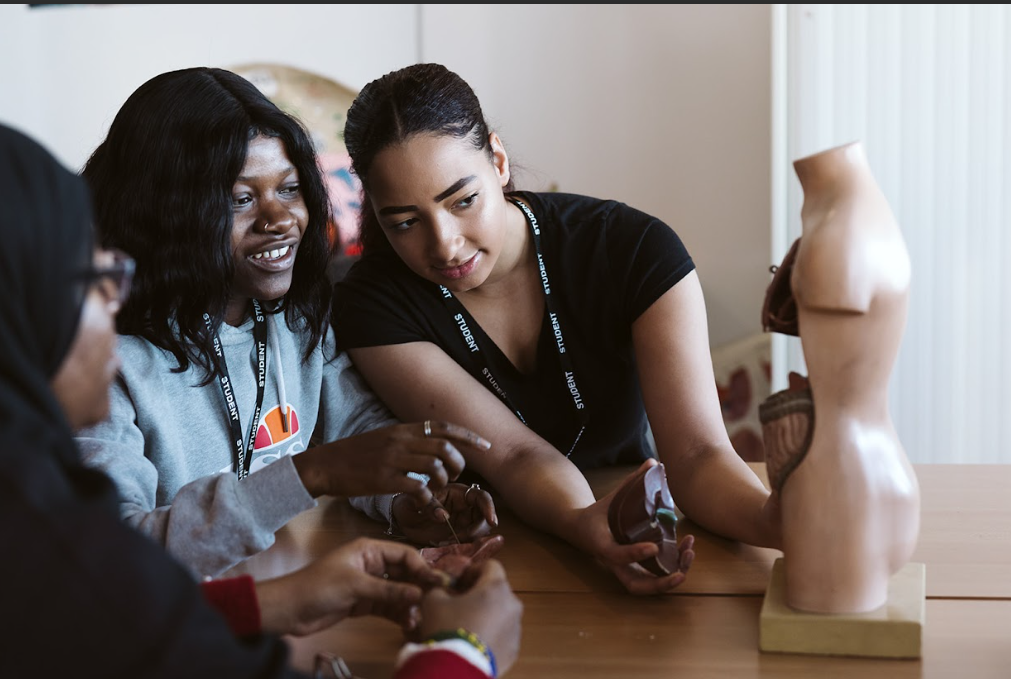students with an anatomy model