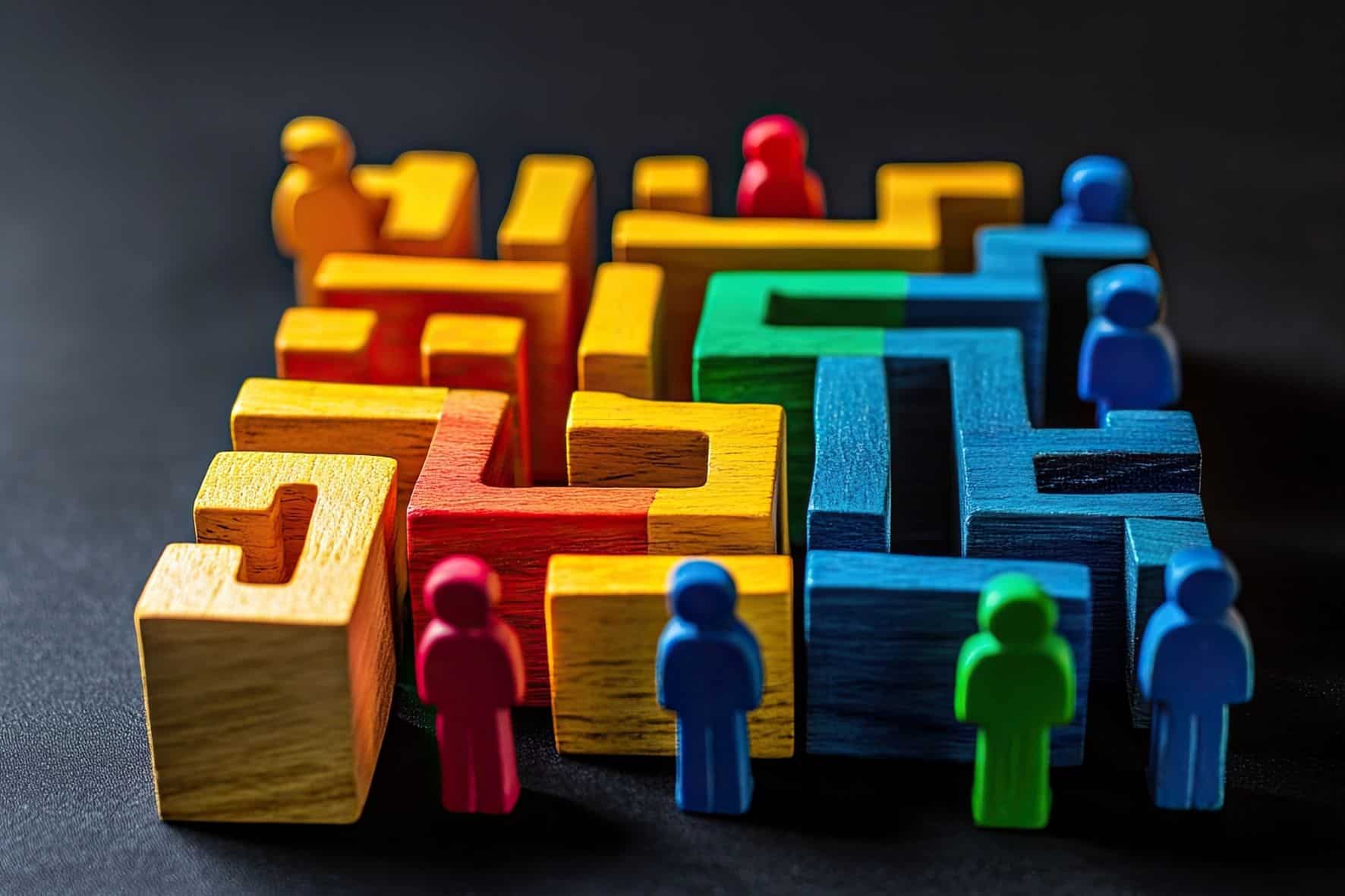 wooden people staning outside a wooden maze