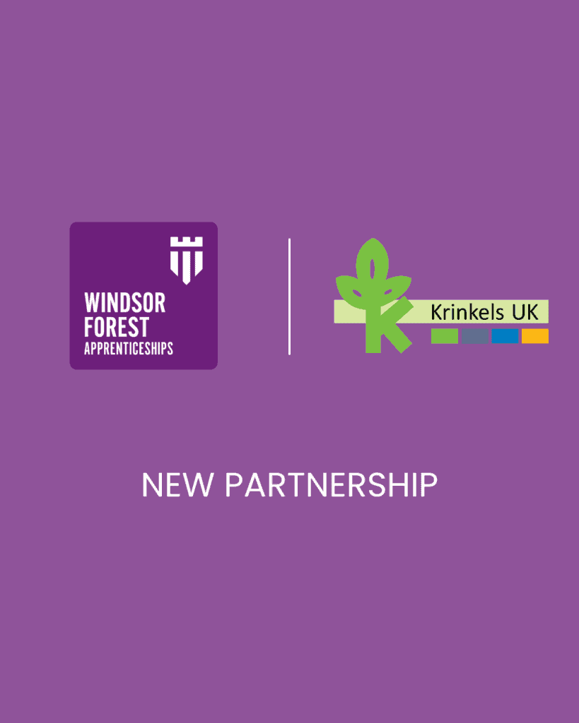 The Krinkels logo alongside the WFCG Apprenticeship logo on a purple background