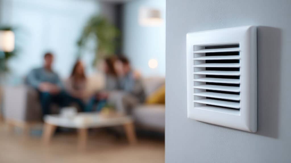 Interior ventilation grille closeup in sunlit living room. Blurred background shows happy mother and son relaxing on couch. Home climate comfort.